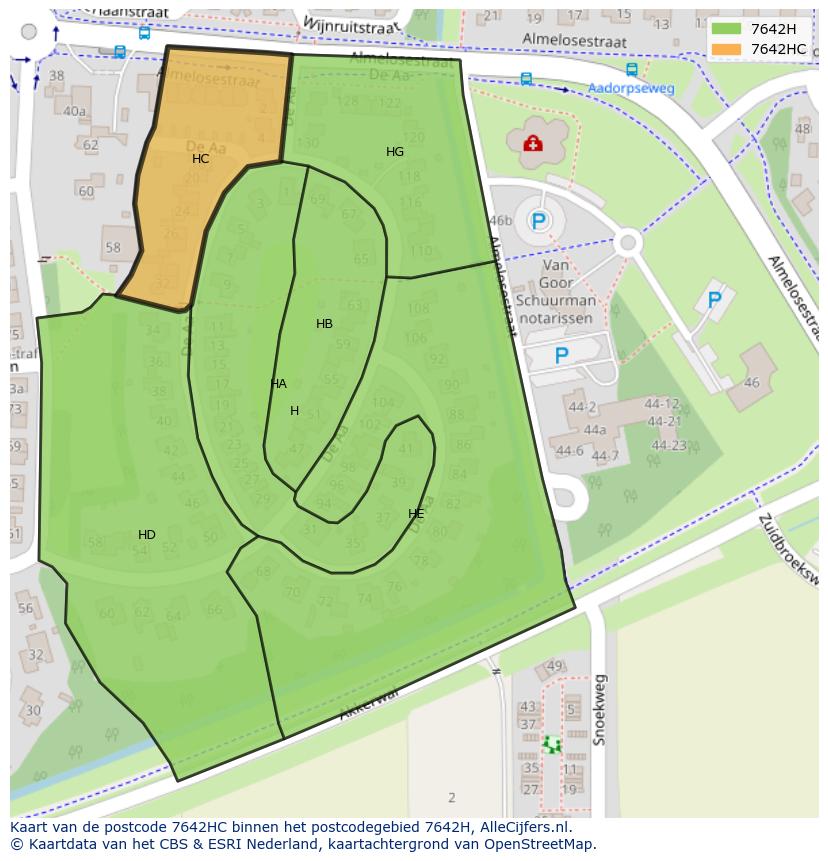 Afbeelding van het postcodegebied 7642 HC op de kaart.