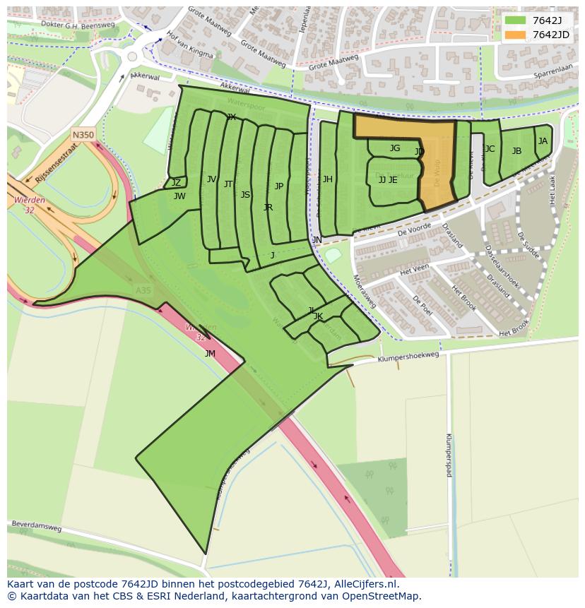 Afbeelding van het postcodegebied 7642 JD op de kaart.