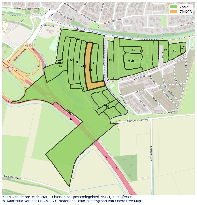Afbeelding van het postcodegebied 7642 JR op de kaart.