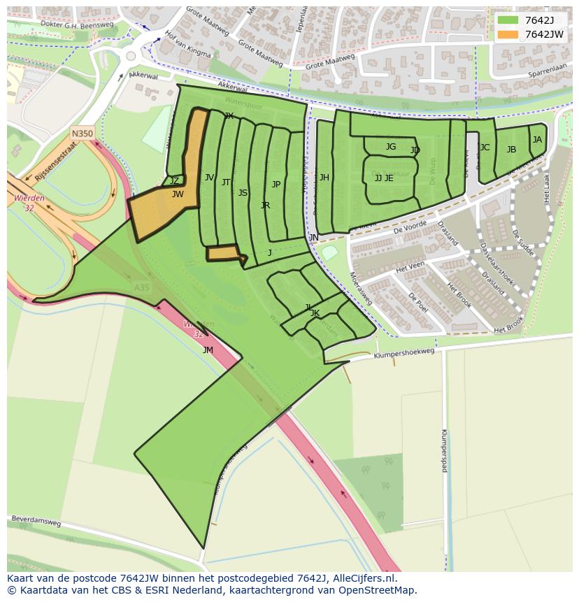 Afbeelding van het postcodegebied 7642 JW op de kaart.