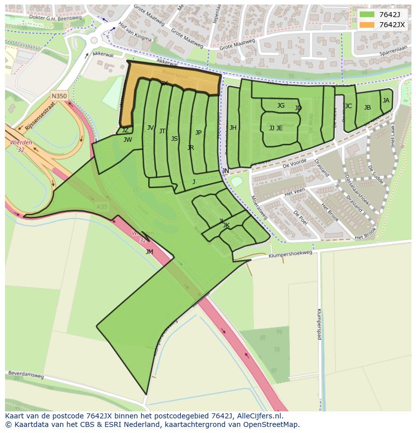 Afbeelding van het postcodegebied 7642 JX op de kaart.
