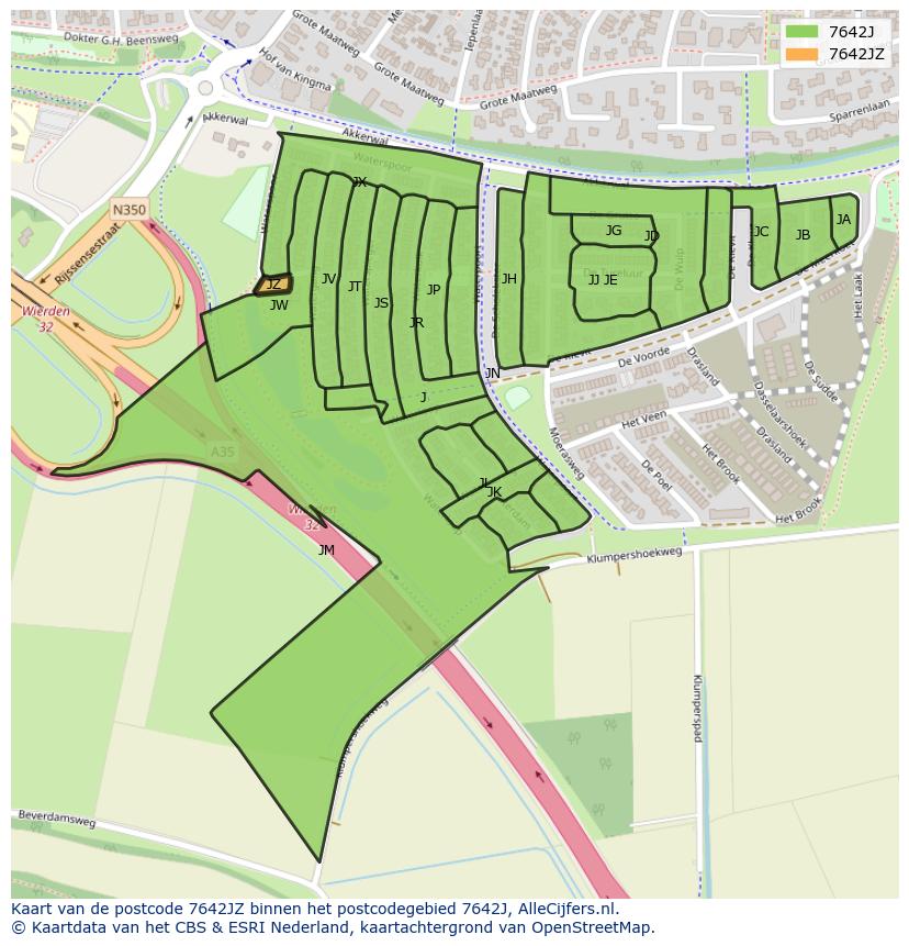 Afbeelding van het postcodegebied 7642 JZ op de kaart.