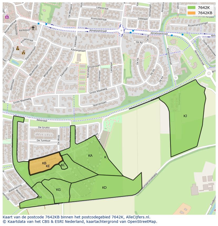 Afbeelding van het postcodegebied 7642 KB op de kaart.