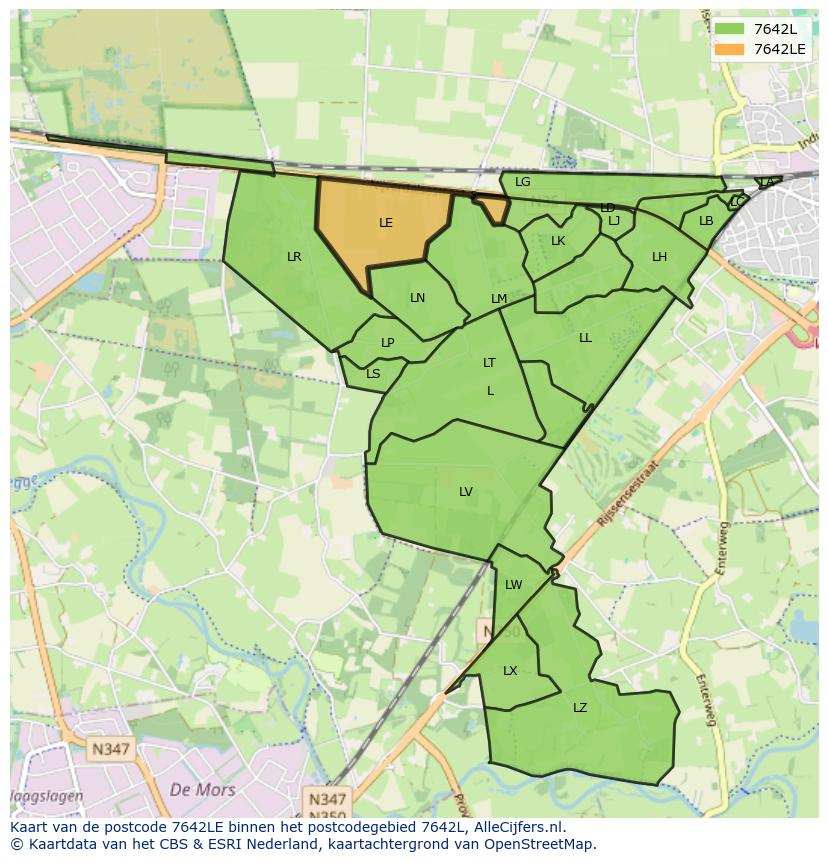 Afbeelding van het postcodegebied 7642 LE op de kaart.