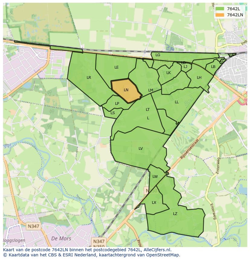 Afbeelding van het postcodegebied 7642 LN op de kaart.