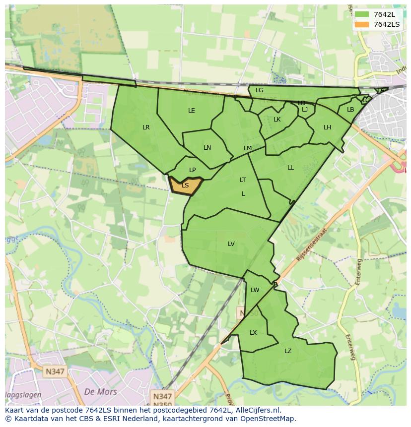 Afbeelding van het postcodegebied 7642 LS op de kaart.
