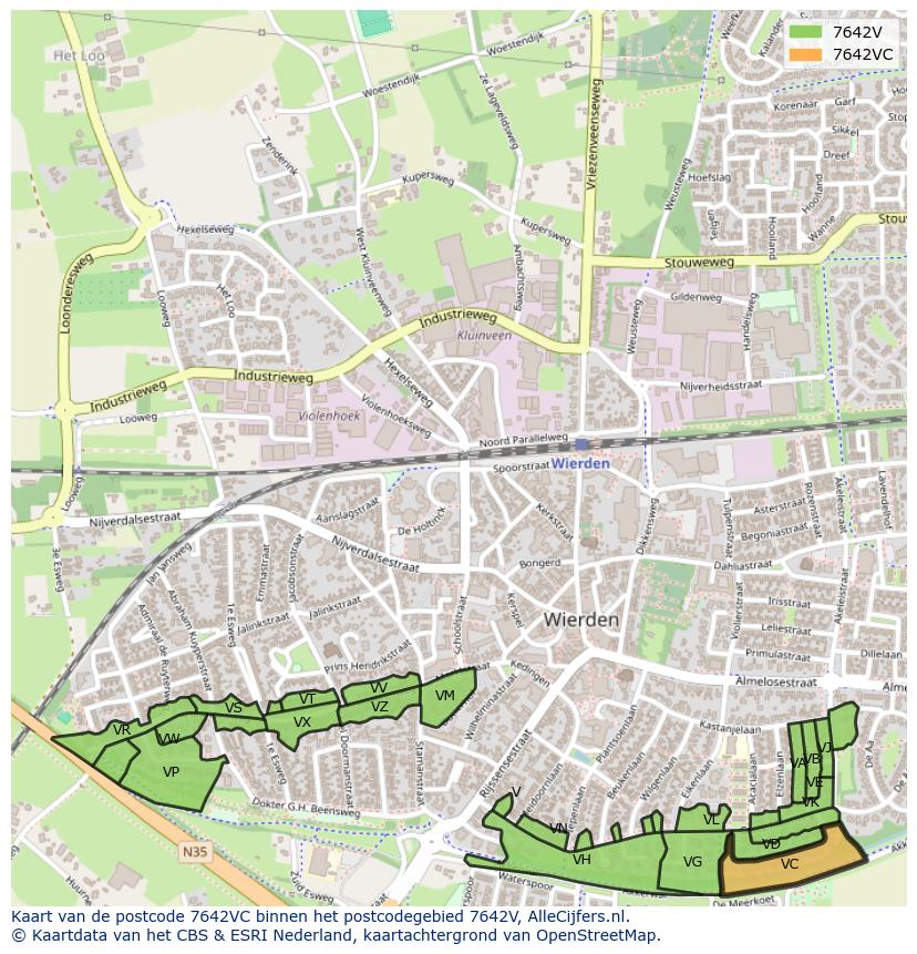 Afbeelding van het postcodegebied 7642 VC op de kaart.