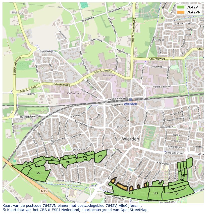 Afbeelding van het postcodegebied 7642 VN op de kaart.