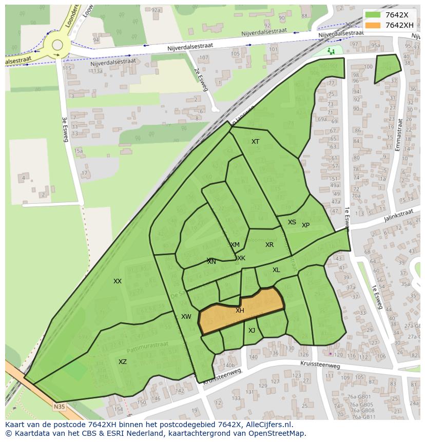 Afbeelding van het postcodegebied 7642 XH op de kaart.