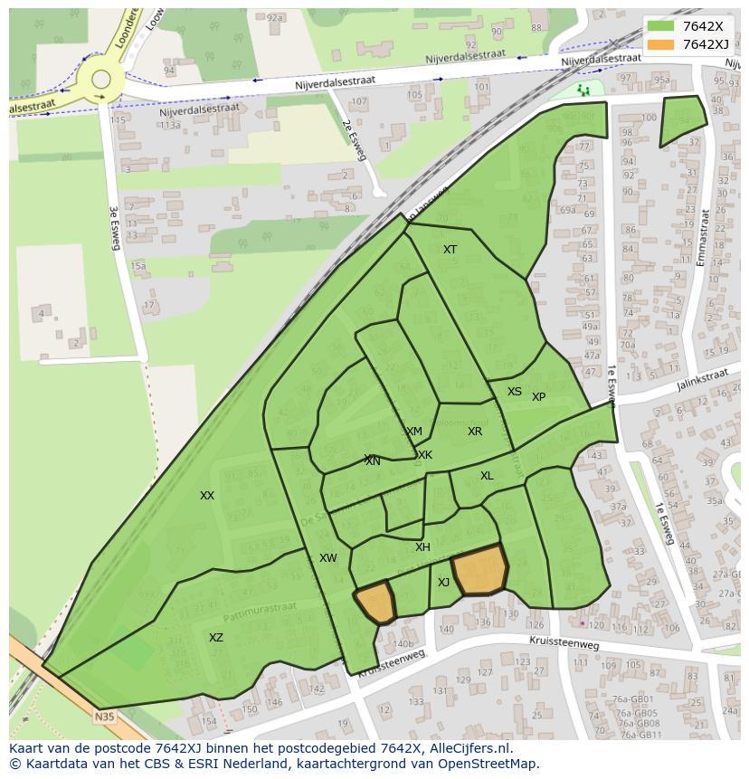Afbeelding van het postcodegebied 7642 XJ op de kaart.
