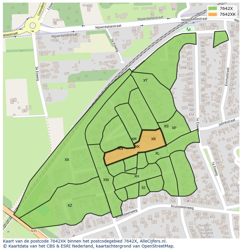 Afbeelding van het postcodegebied 7642 XK op de kaart.