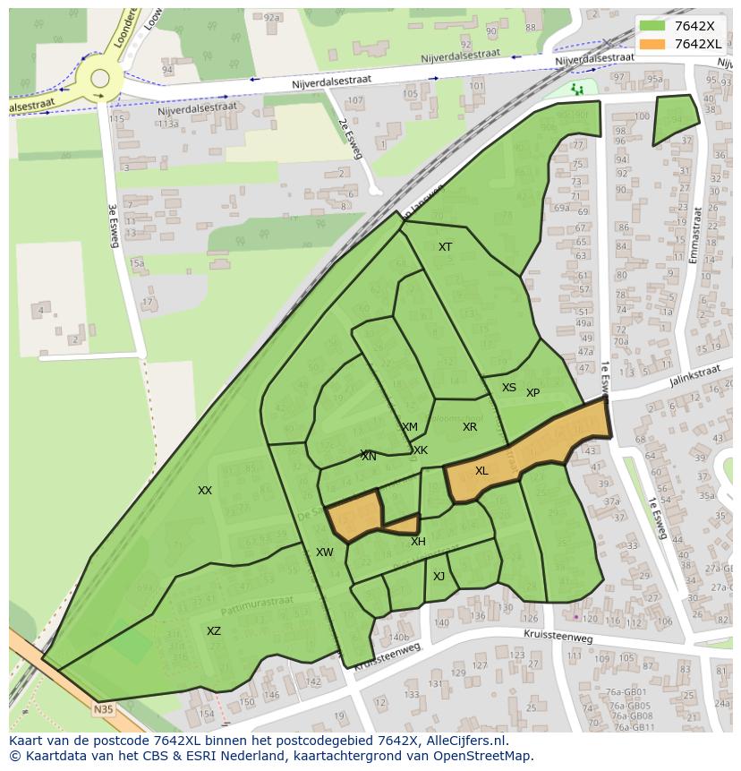 Afbeelding van het postcodegebied 7642 XL op de kaart.