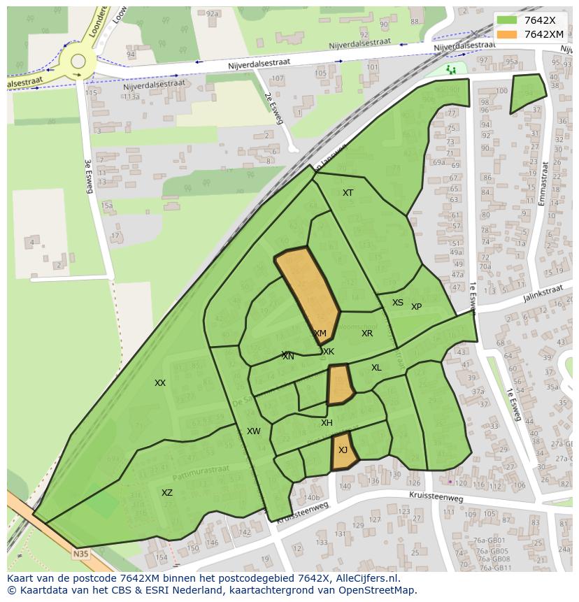 Afbeelding van het postcodegebied 7642 XM op de kaart.