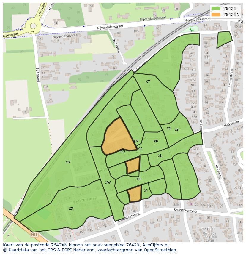 Afbeelding van het postcodegebied 7642 XN op de kaart.