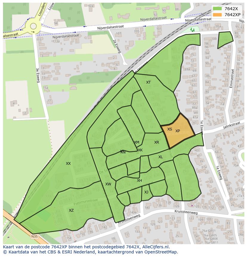 Afbeelding van het postcodegebied 7642 XP op de kaart.