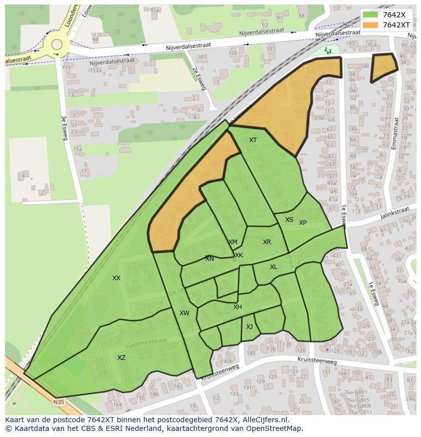 Afbeelding van het postcodegebied 7642 XT op de kaart.