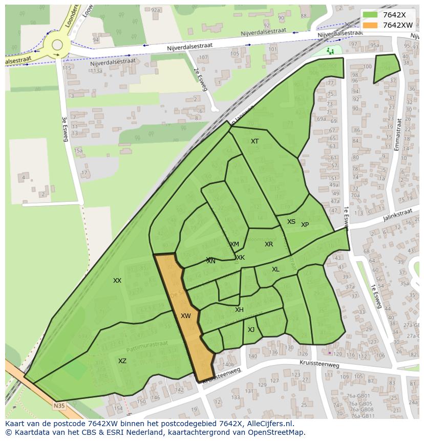 Afbeelding van het postcodegebied 7642 XW op de kaart.