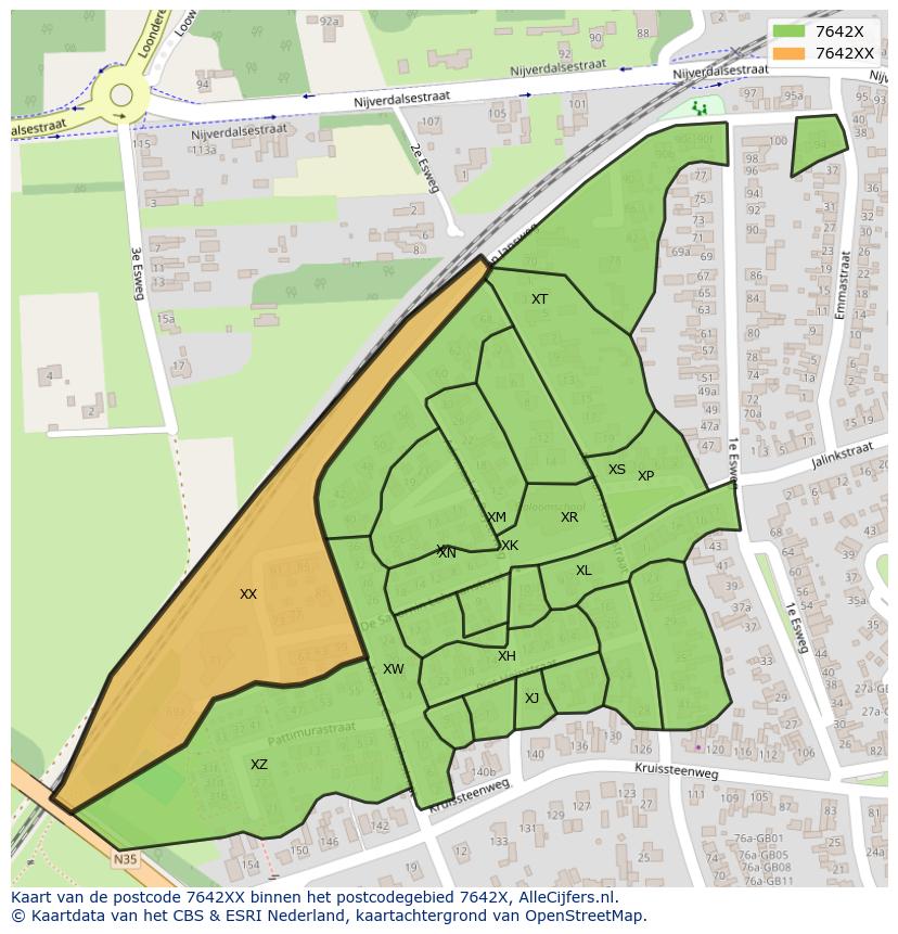 Afbeelding van het postcodegebied 7642 XX op de kaart.
