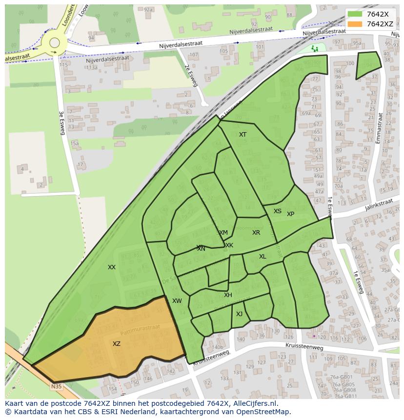 Afbeelding van het postcodegebied 7642 XZ op de kaart.