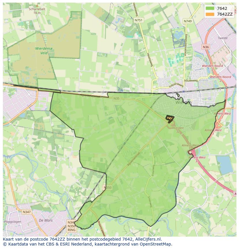 Afbeelding van het postcodegebied 7642 ZZ op de kaart.