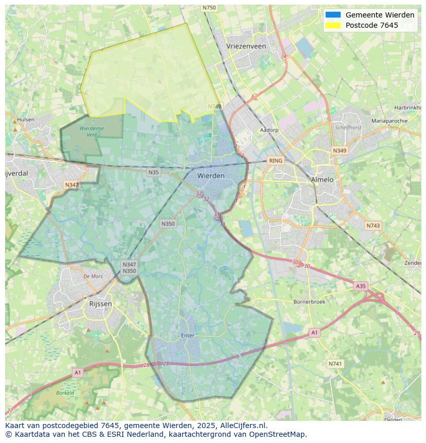 Afbeelding van het postcodegebied 7645 op de kaart.