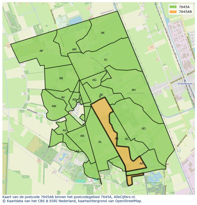 Afbeelding van het postcodegebied 7645 AB op de kaart.
