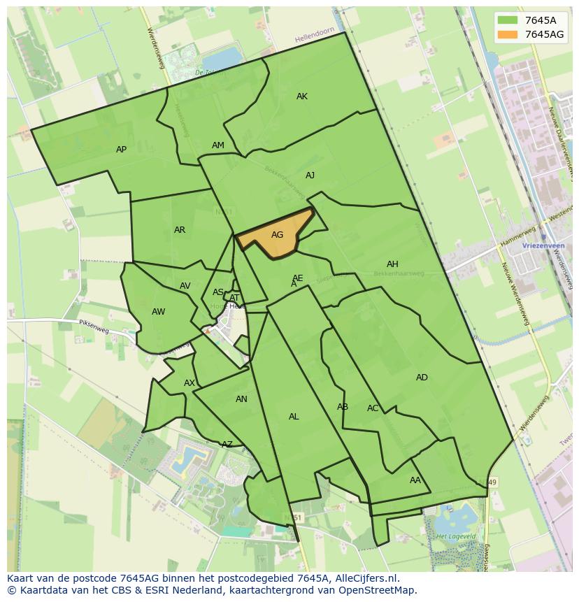 Afbeelding van het postcodegebied 7645 AG op de kaart.