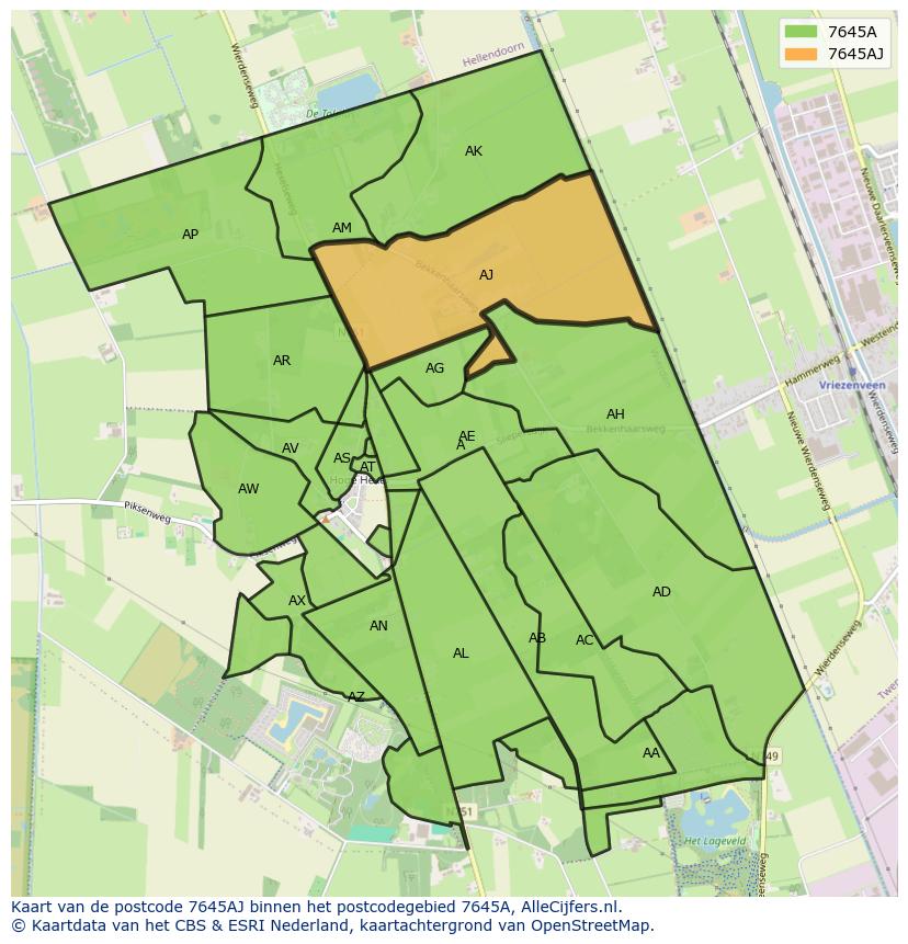 Afbeelding van het postcodegebied 7645 AJ op de kaart.