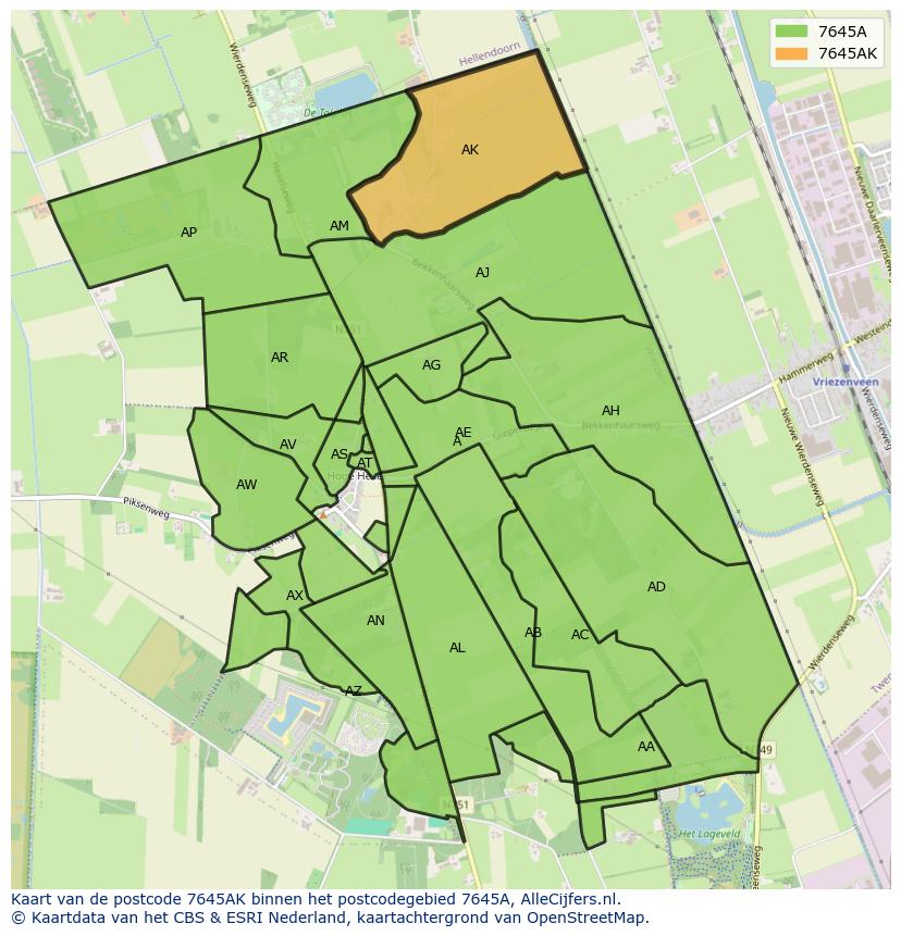 Afbeelding van het postcodegebied 7645 AK op de kaart.
