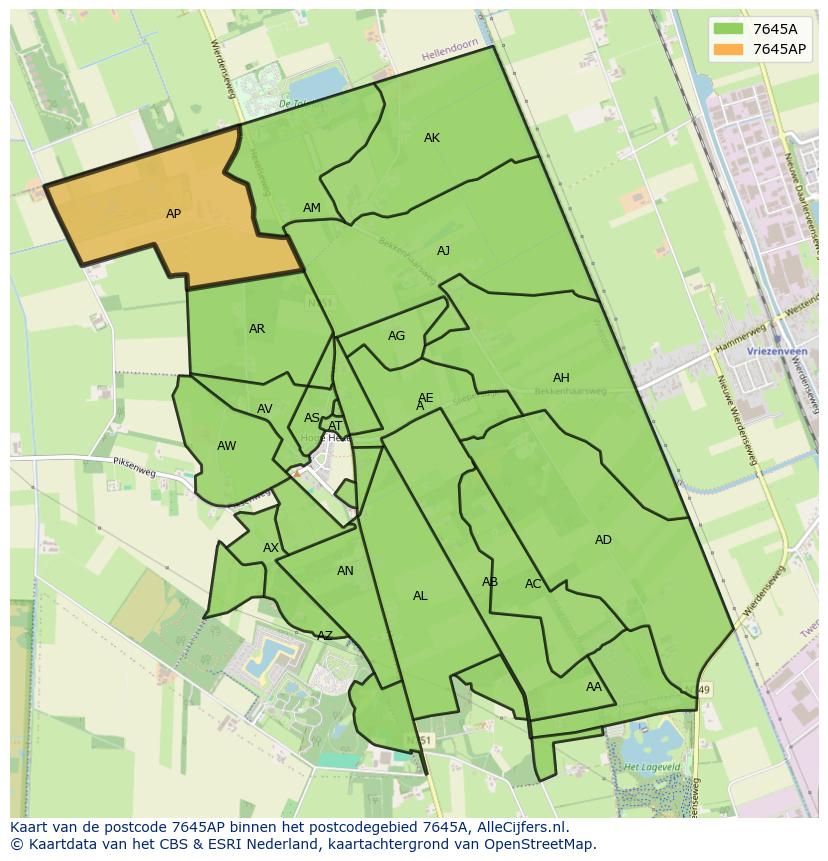 Afbeelding van het postcodegebied 7645 AP op de kaart.