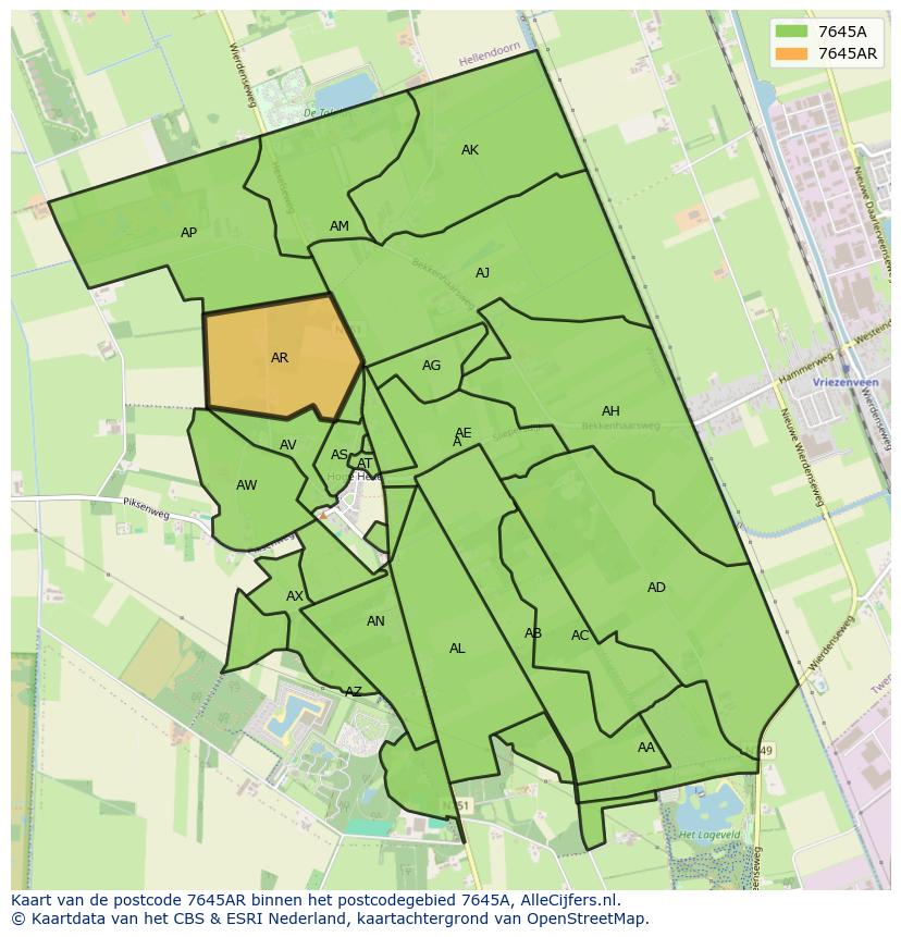 Afbeelding van het postcodegebied 7645 AR op de kaart.