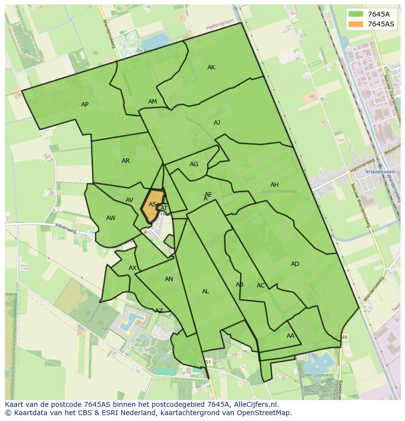 Afbeelding van het postcodegebied 7645 AS op de kaart.