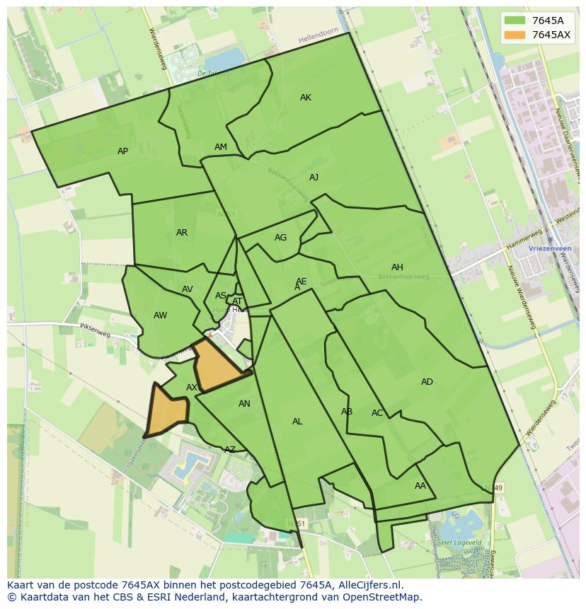 Afbeelding van het postcodegebied 7645 AX op de kaart.