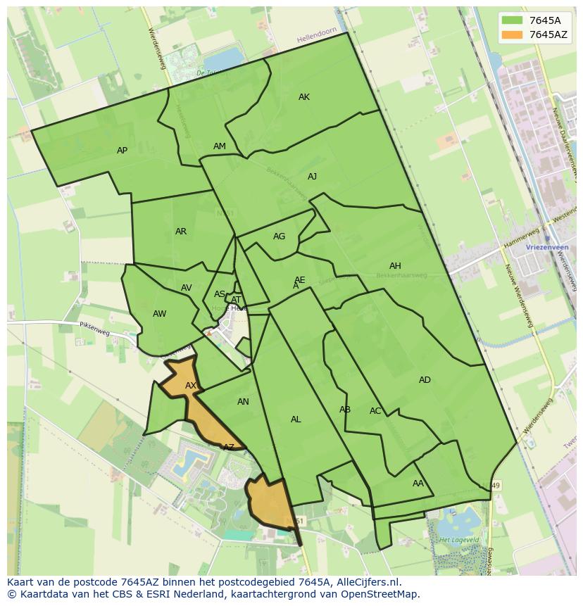 Afbeelding van het postcodegebied 7645 AZ op de kaart.