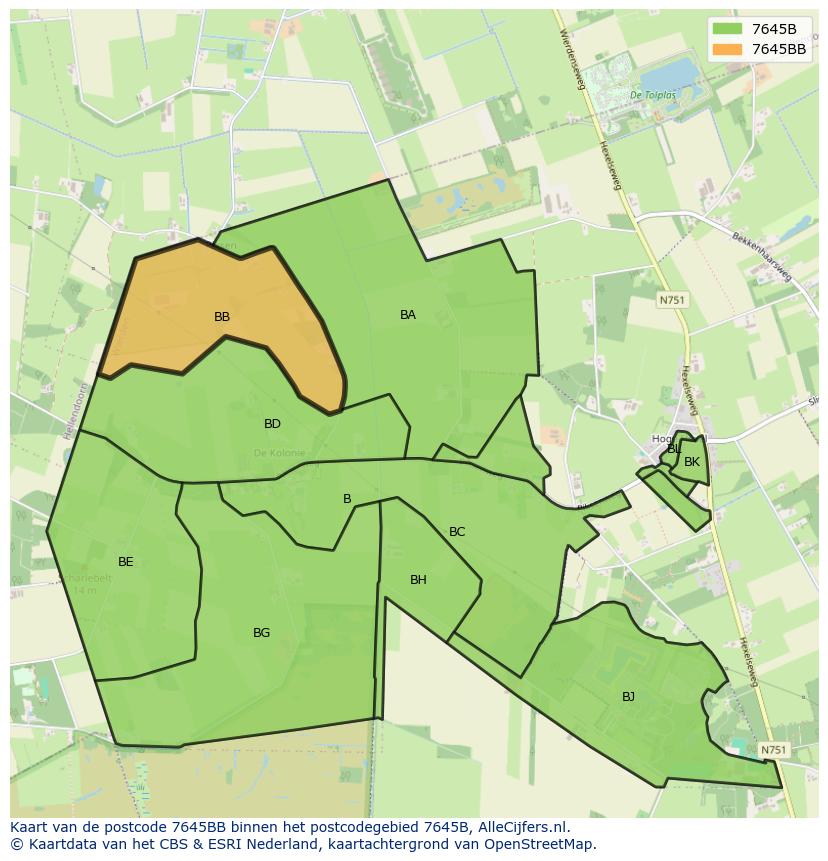 Afbeelding van het postcodegebied 7645 BB op de kaart.