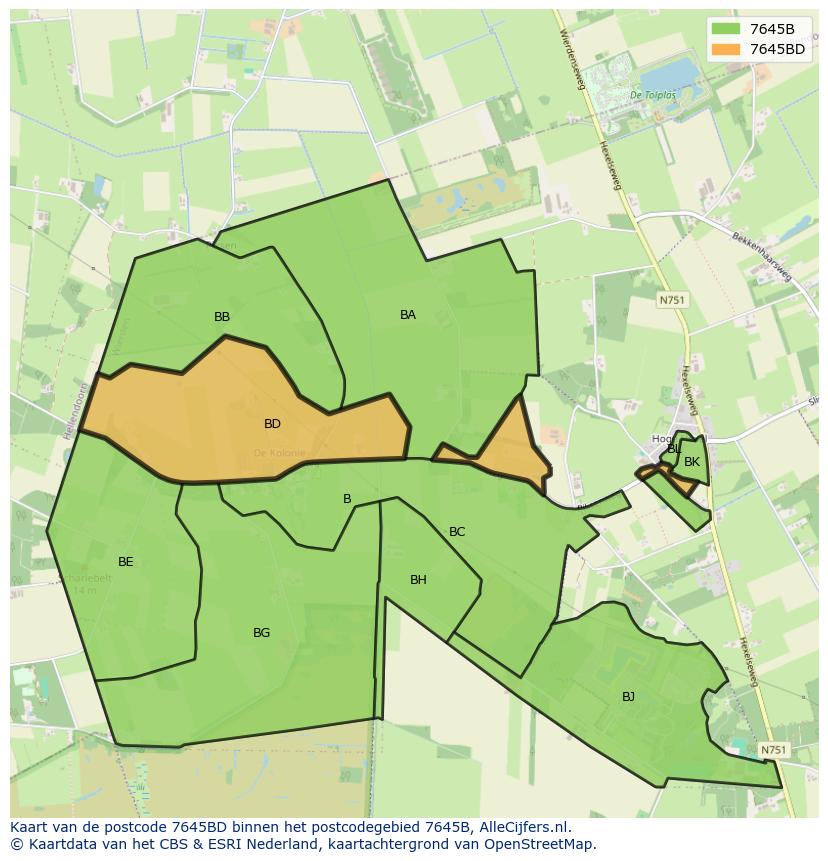 Afbeelding van het postcodegebied 7645 BD op de kaart.