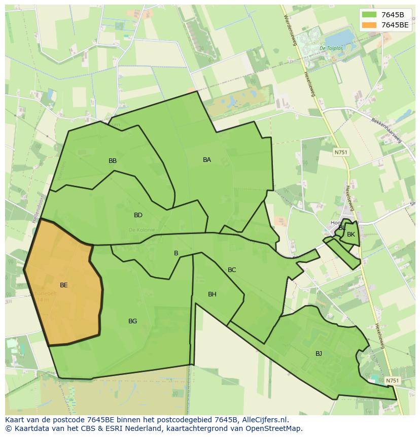 Afbeelding van het postcodegebied 7645 BE op de kaart.