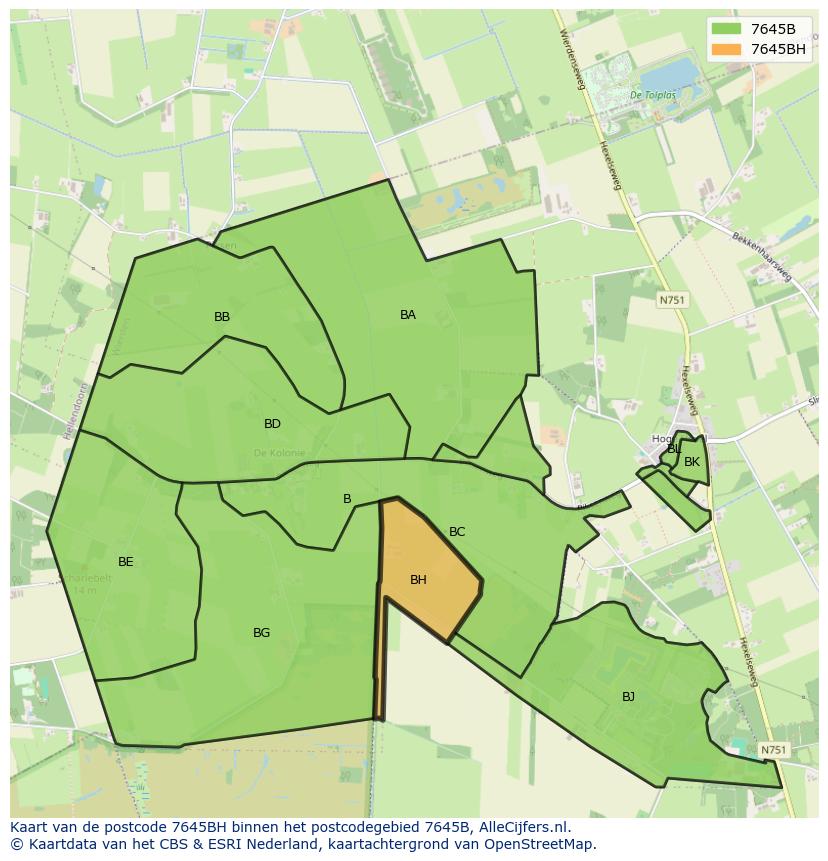 Afbeelding van het postcodegebied 7645 BH op de kaart.