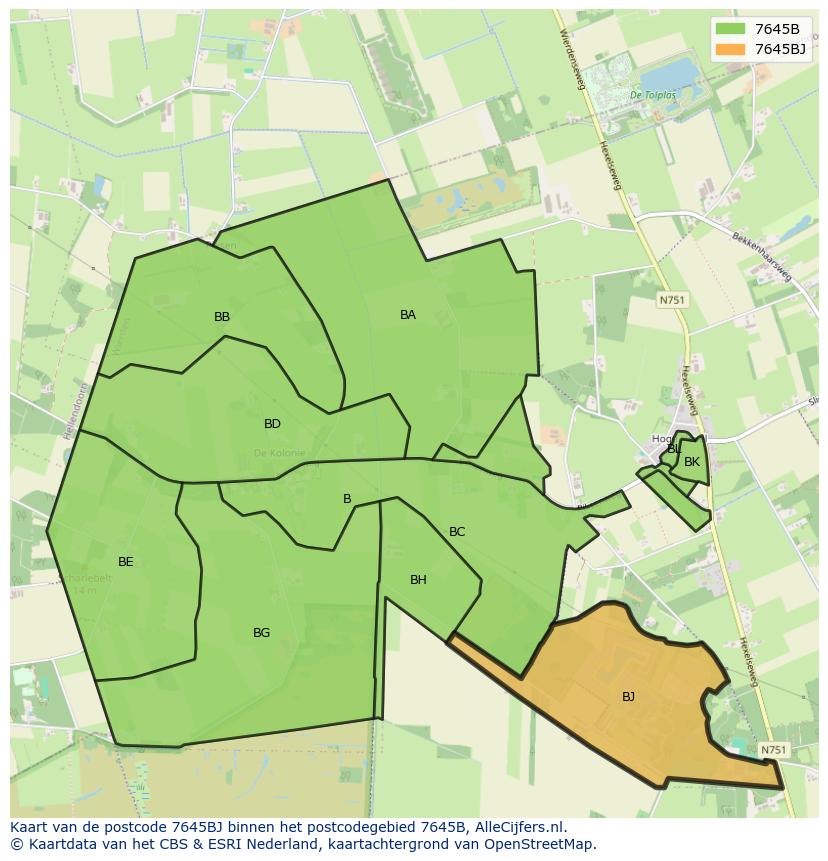 Afbeelding van het postcodegebied 7645 BJ op de kaart.