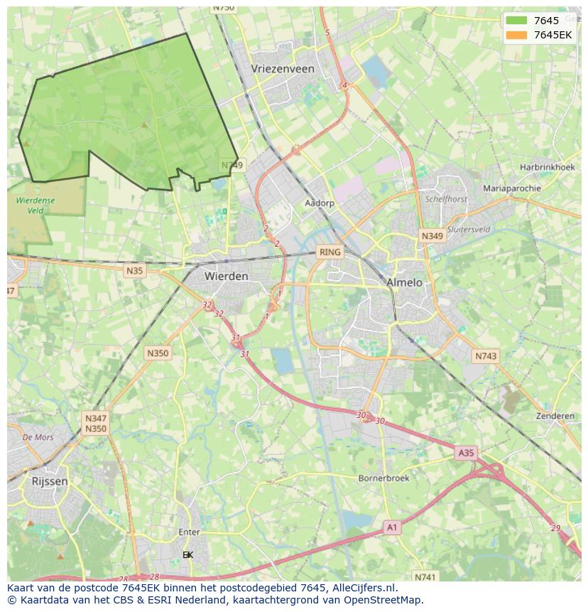 Afbeelding van het postcodegebied 7645 EK op de kaart.