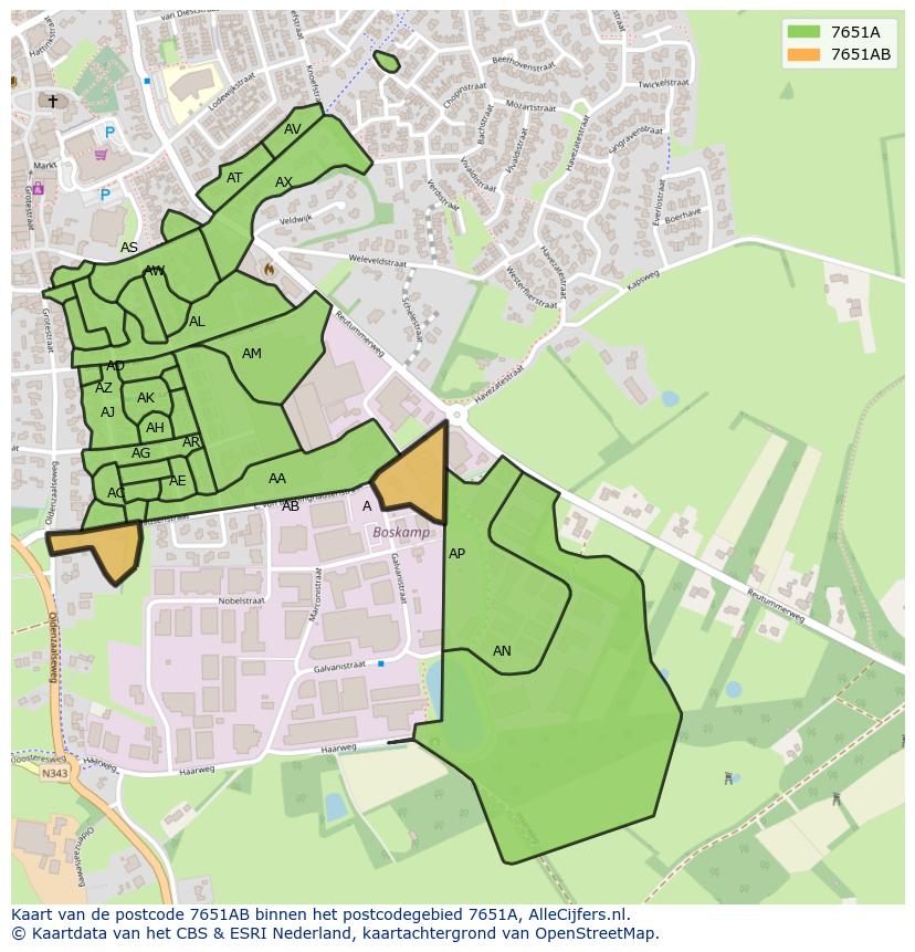 Afbeelding van het postcodegebied 7651 AB op de kaart.