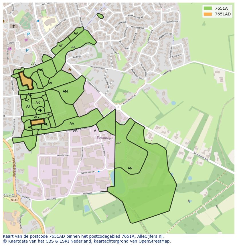 Afbeelding van het postcodegebied 7651 AD op de kaart.