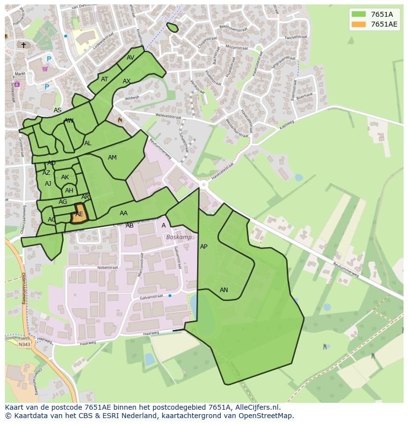 Afbeelding van het postcodegebied 7651 AE op de kaart.