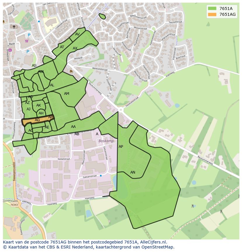 Afbeelding van het postcodegebied 7651 AG op de kaart.