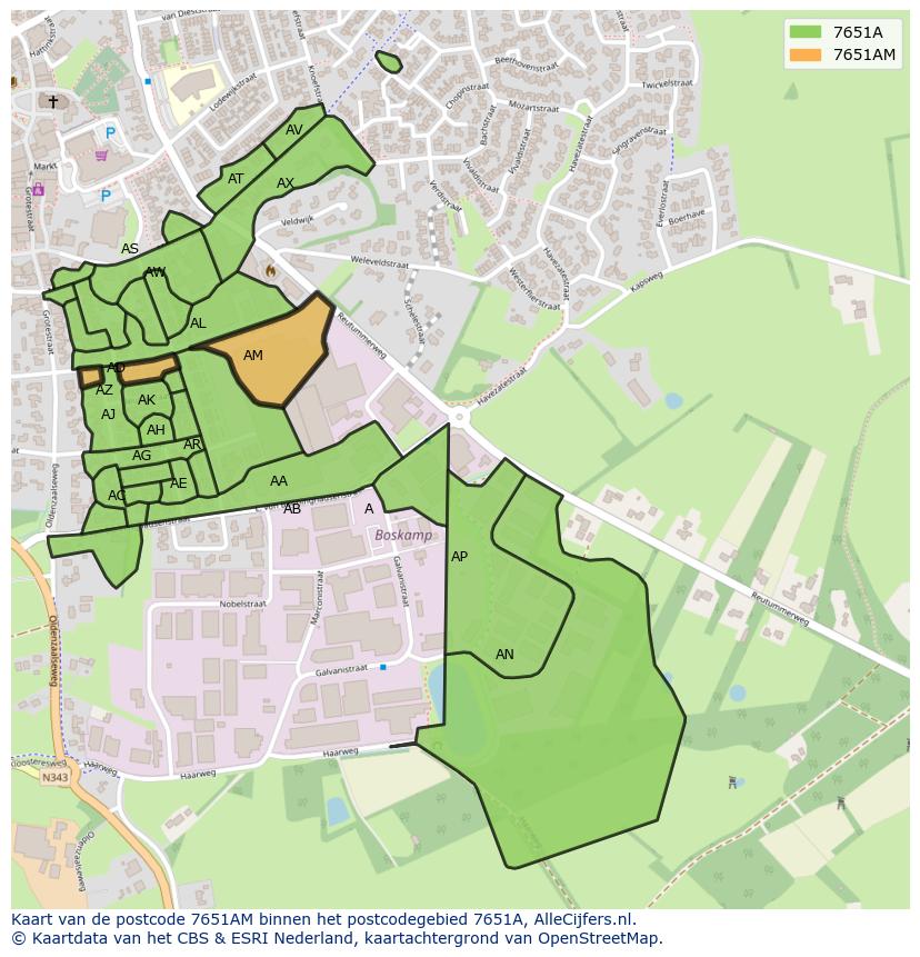 Afbeelding van het postcodegebied 7651 AM op de kaart.
