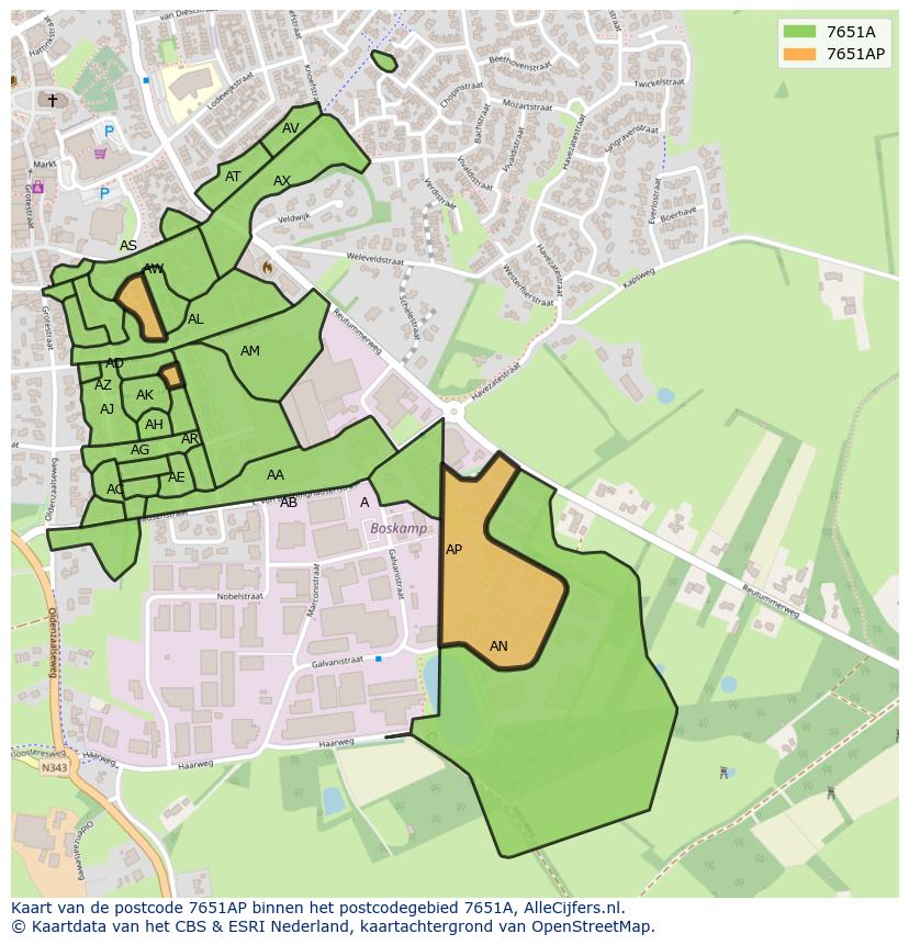 Afbeelding van het postcodegebied 7651 AP op de kaart.