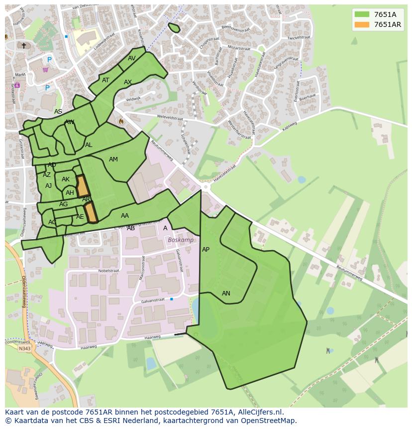 Afbeelding van het postcodegebied 7651 AR op de kaart.