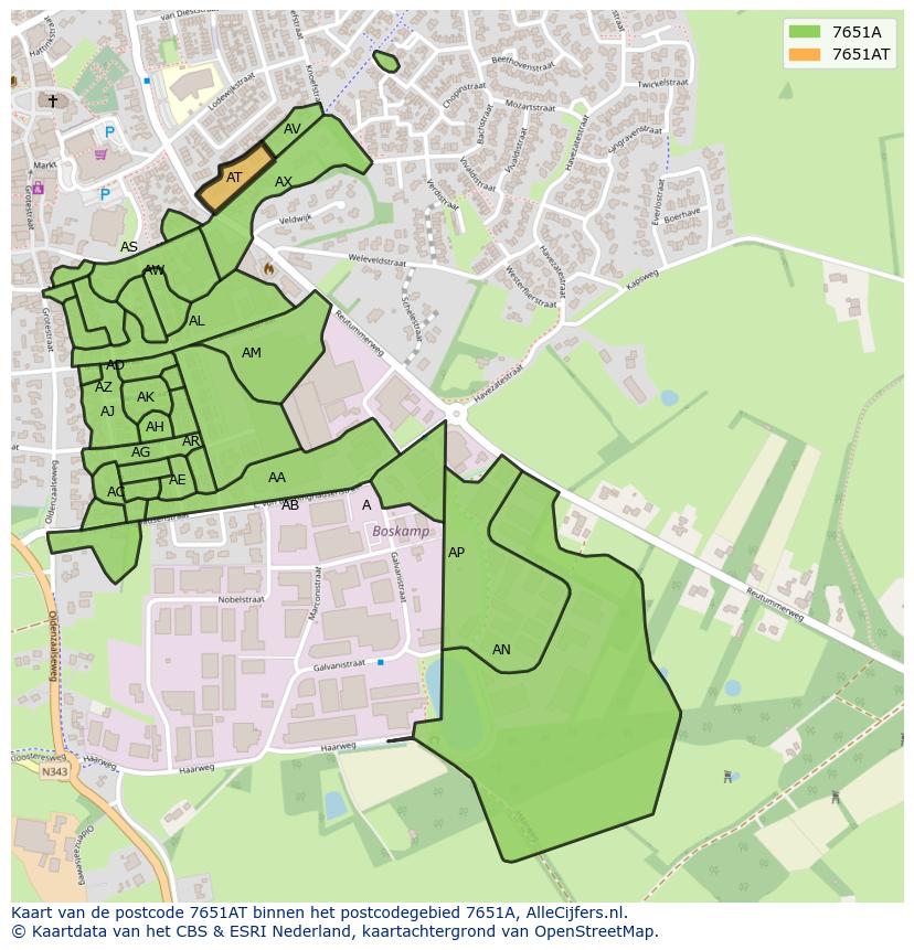 Afbeelding van het postcodegebied 7651 AT op de kaart.