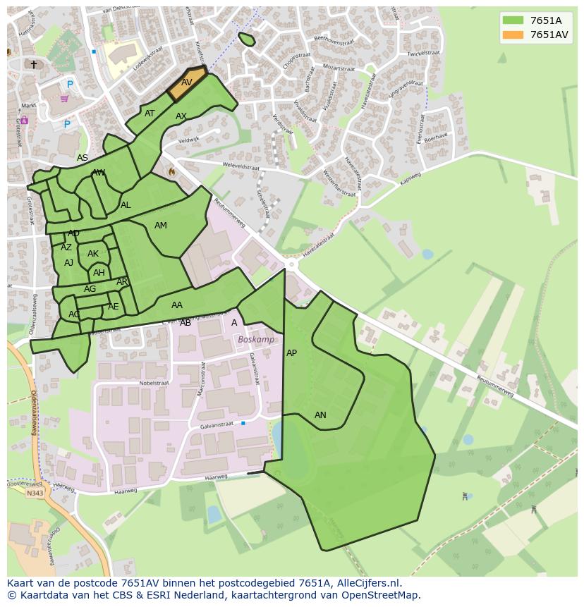 Afbeelding van het postcodegebied 7651 AV op de kaart.