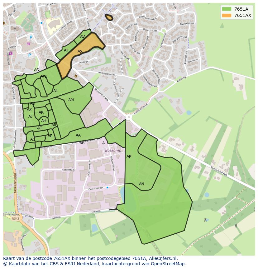 Afbeelding van het postcodegebied 7651 AX op de kaart.